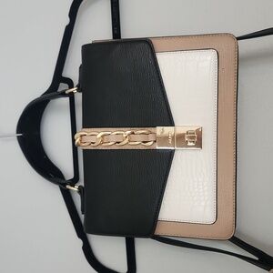 Aldo Two Tone Purse, Top Handle and Adjustable Strap, Brown, Black, White + Gold
